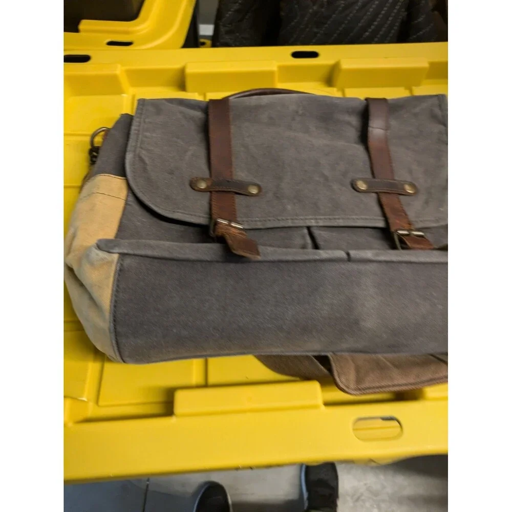 Messenger Bag Gray Canvas Brown Leather Satchel Cross Body Shoulder